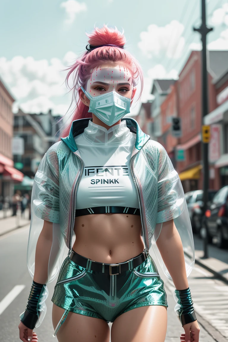 a young woman, street, ponytails, messy hair, wearing a vivid jacket, crop top, loose shorts, (wearing detailed translucent (plastic scifi mask covering mouth)), (walking towards camera), (hdr:1.3), (muted colors:1.2), dramatic, complex background, cinematic, filmic, (artstation:0.8), soaking wet, detailed toned ripped body, <lora:weird future fashion_v2:0.8>, professional supermodel photoshoot, shallow depth of field, sharp focus, bokeh