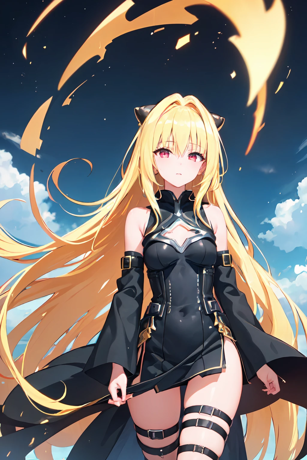 (masterpiece:1.6, best quality), (finely detailed beautiful eyes: 1.2), phyami, yaminor, 1girl, solo, blonde hair, long hair,  red eyes, thigh strap, very long hair, detached sleeves, black dress,  <lora:yami-v1:1.0>,