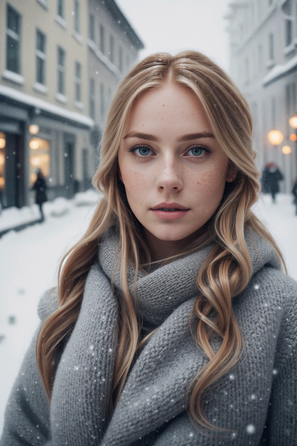 professional portrait photograph of a gorgeous Norwegian girl in winter clothing with long wavy blonde hair, sultry flirty look, (freckles), gorgeous symmetrical face, cute natural makeup, wearing elegant warm winter fashion clothing, ((standing outside in snowy city street)), stunning modern urban environment, ultra realistic, concept art, elegant, highly detailed, intricate, sharp focus, depth of field, f/1. 8, 85mm, medium shot, mid shot, (((professionally color graded))), bright soft diffused light, (volumetric fog), trending on instagram, hdr 4k, 8k