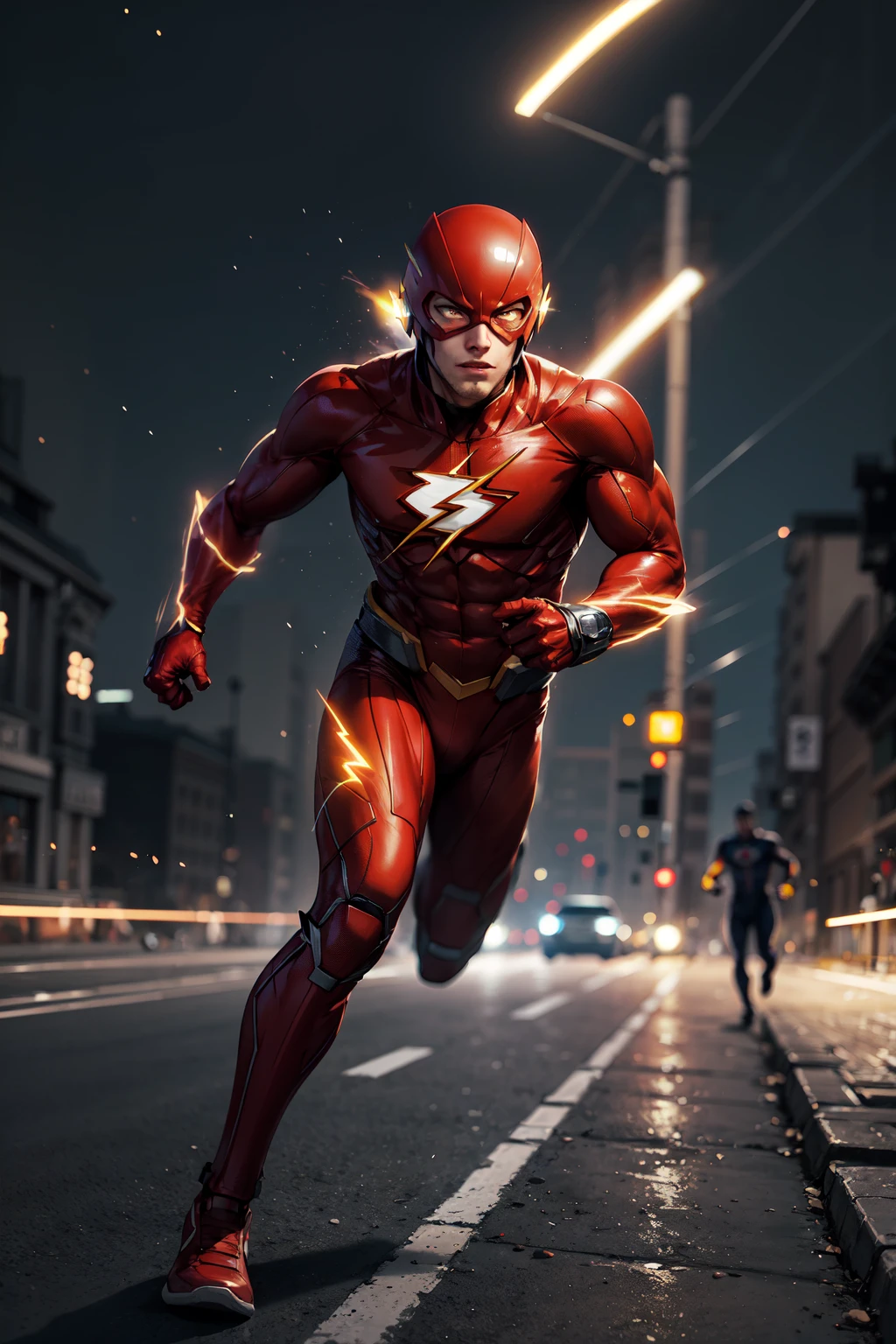 flash superhero running through street, red costume, motion lines, motion blur, night, yellow glow, particles, light trail