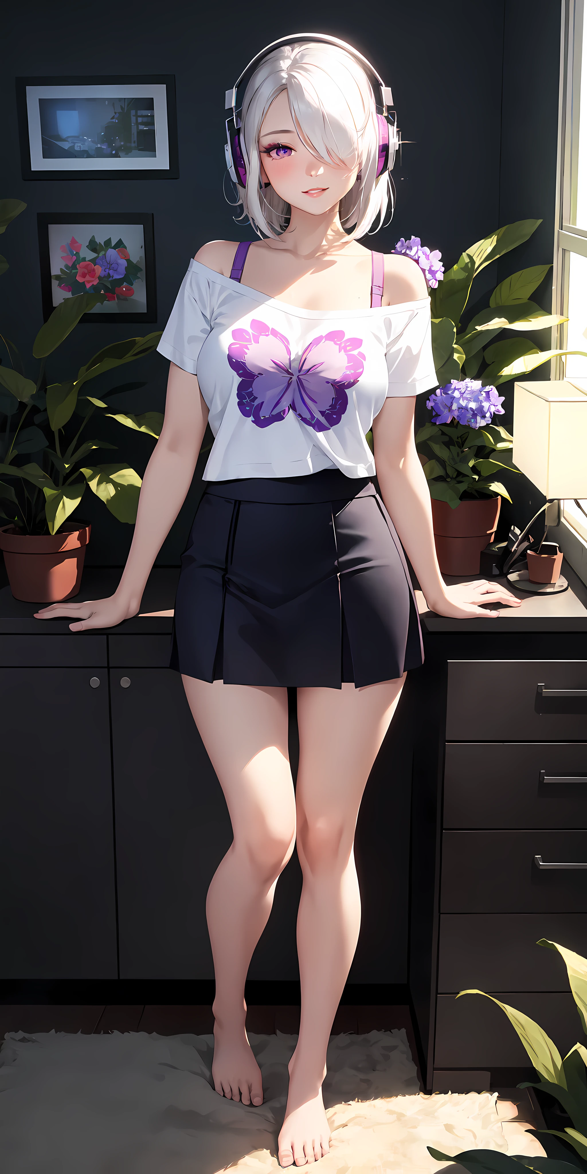 realistic, 1girl, hair over one eye, parted lips, blush, makeup, light smile, white hair, t-shirt, skirt, headphones, glow, thighs, purple eye, bare shoulders, collarbone, narrow waist, bedroom, sunlight, flower, (masterpiece), underwear, potted plant, television, wallpaper, sunbeam,