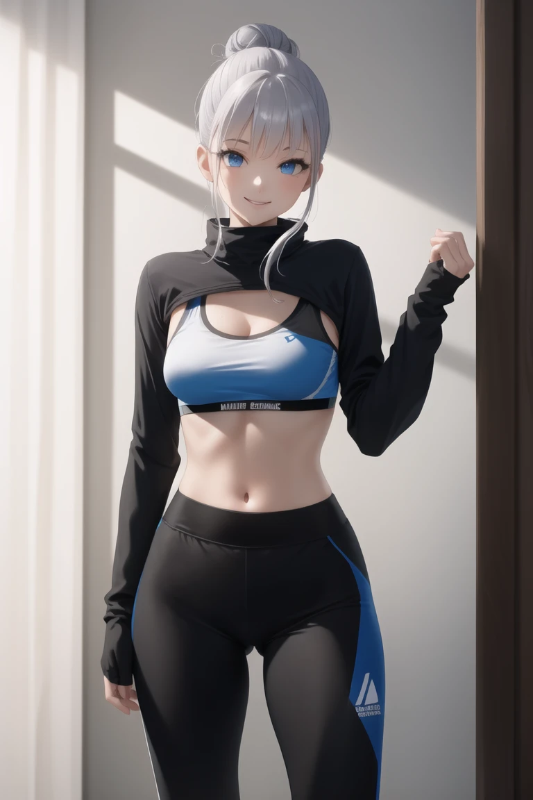 masterpiece, best quality, absurdres, perfect anatomy, 1girl, solo, black shrug \(clothing\), long sleeves, sports bra, grey track pants, athletic, toned, standing, cowboy shot, smile, large breasts, silver hair, hair bun, blue eyes