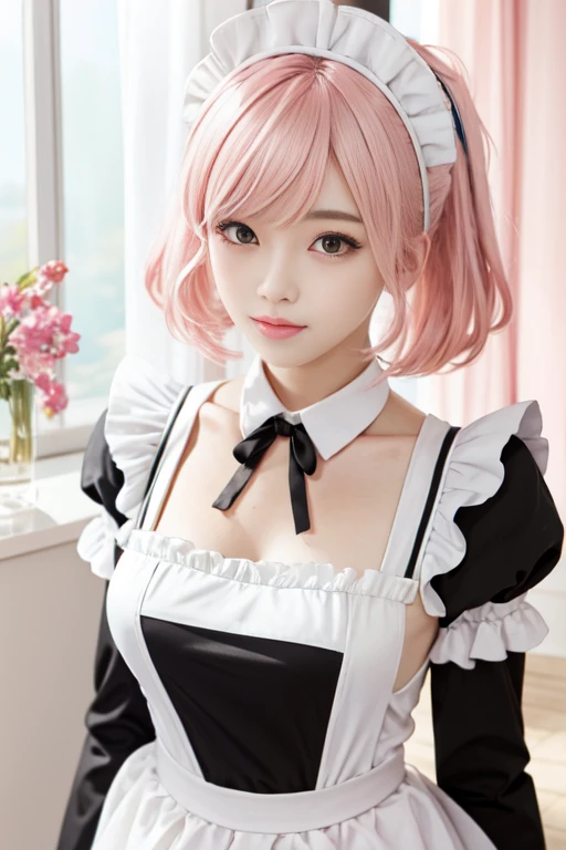maid_cosplay,  2girl, maid outfit, lesbian, pink hair, pink maid outfit,<lora:maid_cosplay:0.8>