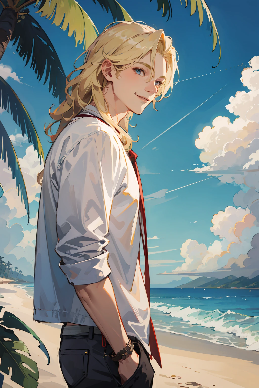 masterpiece, best quality, 1 male, adult, tall muscular, handsome, finely detailed eyes, intricate details, casual clothes, Beach, palm tree, smile, dutch angle, from side, wavy blonde hair