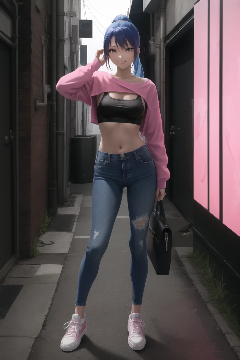 masterpiece, best quality, absurdres, perfect anatomy, 1girl, solo, pink shrug \(clothing\), long sleeves, blue hair, ponytail, medium breasts, stylish outfit, hip hop, black crop top, midriff, denim pants, sneakers, night, alley, neon lights, confident stance, smile