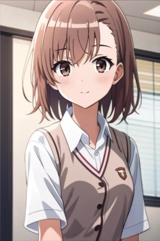 <lora:misaka_mikoto_v12-000002:0.8>, masterpiece, best quality, misaka_mikoto, brown eyes, short_hair, small_breast, looking at viewer, solo, closed_mouth, collared_shirt, school_uniform, shirt, white_shirt, , classroom