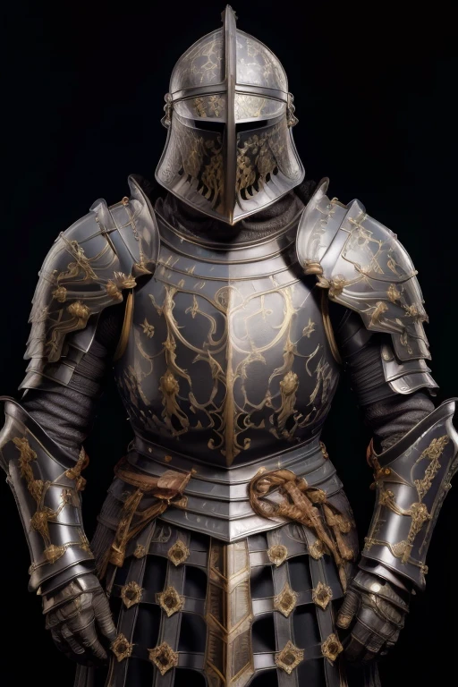 masterpiece, best quality,medieval armor, armor, helmet, solo, full armor, breastplate, upper body, helm, black background, 1other, shoulder armor, simple background, knight, ambiguous gender, 1boy, pauldrons, male focus, gauntlets