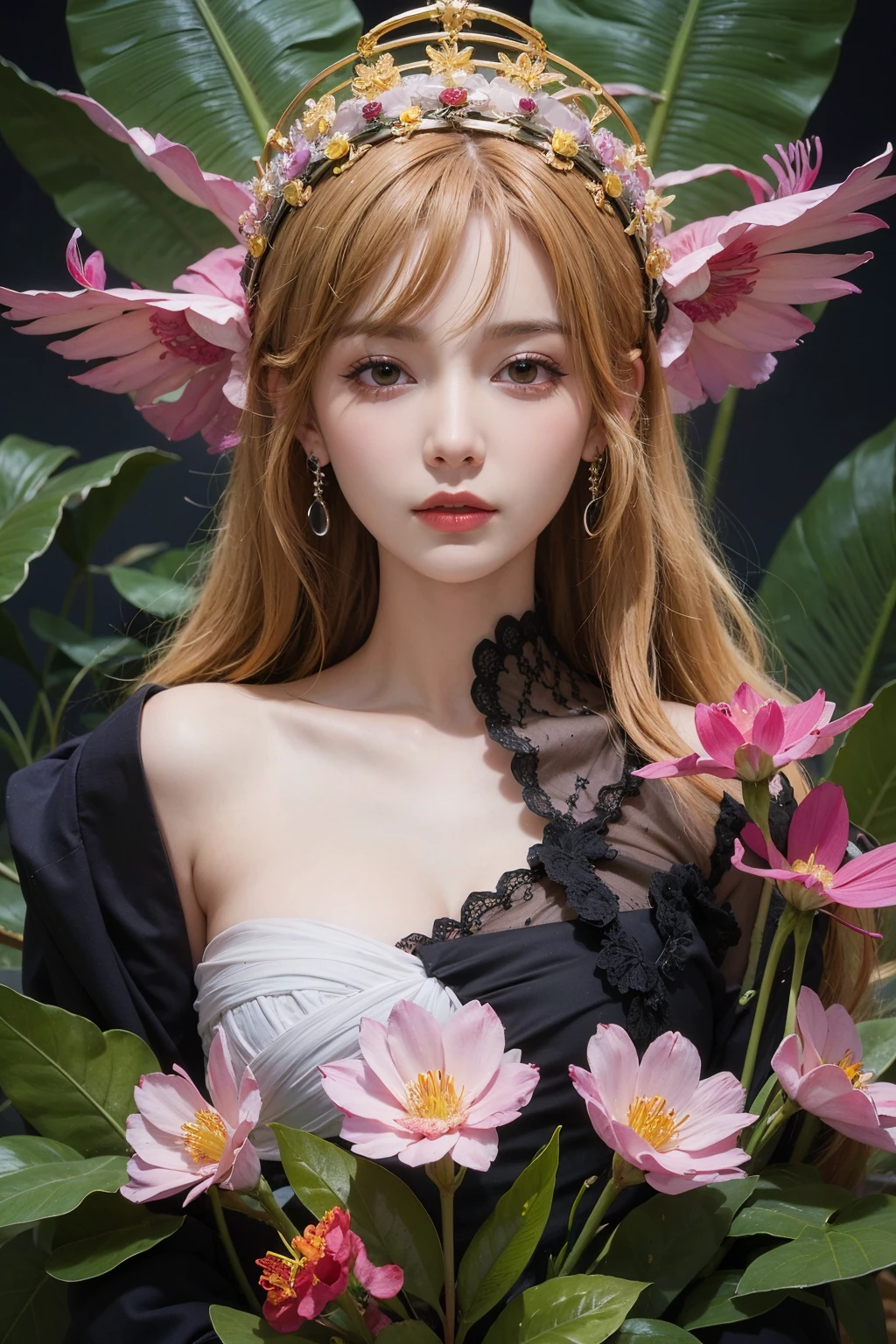official art, unity 8k wallpaper, ultra detailed, beautiful and aesthetic, masterpiece, best quality, (zentangle, mandala, tangle, entangle), 1girl, extremely detailed, dynamic angle, pale skin, radiance, iuminosity, cowboyshot, the most beautiful form of chaos, elegant, a brutalist designed, vivid colors, romanticism, by james jean, roby dwi antono, ross tran, francis bacon, michal mraz, adrian ghenie, petra cortright, gerhard richter, takato yamamoto, ashley wood, atmospheric, ecstasy of musical notes, streaming musical notes visible, flowers in full bloom, many bird of paradise, deep forests,