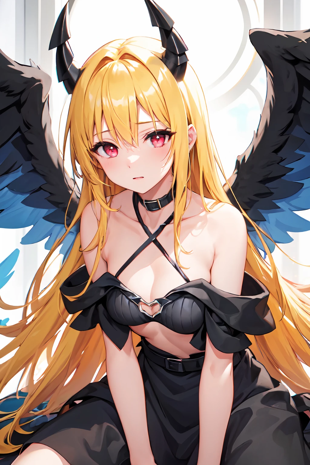 (masterpiece:1.6, best quality), (finely detailed beautiful eyes: 1.2), phyami, yamidarkness, 1girl, solo, blonde hair, wings, long hair, horns, red eyes, black wings, bare shoulders, hair intakes, collarbone, choker, demon horns, halterneck, feathered wings, collar, anime coloring, hair between eyes, criss-cross halter, black dress, demon girl, bangs, very long hair
<lora:yami-v1:1.0>