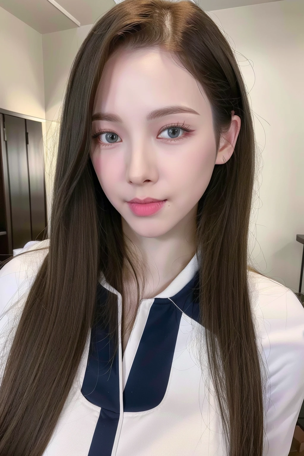 (8k, 4k, best quality, highres:1.2), (realistic, photo-realistic:1.37), 1girl ,solo, beautiful face, white skin, detailed eyes, long eyelashes, glossy lips, parted lips, nose, looking at viewer, large breasts, narrow waist, long hair, long_hair, facing viewer, cute, smile,
upper body, school uniform,