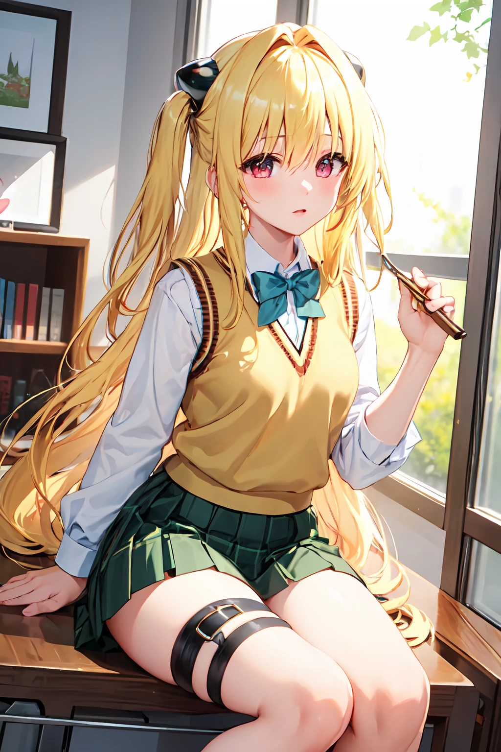 (masterpiece:1.6, best quality), (finely detailed beautiful eyes: 1.2), phyami, yamisch, 1girl, long hair, solo, school uniform, hair ornament, hair between eyes, two side up, blonde hair, very long hair, skirt, red eyes, thigh strap, sweater vest, plaid skirt, plaid, socks, two side up, hair ornament, pleated skirt, kneehighs
, <lora:yami-v1:1.0>