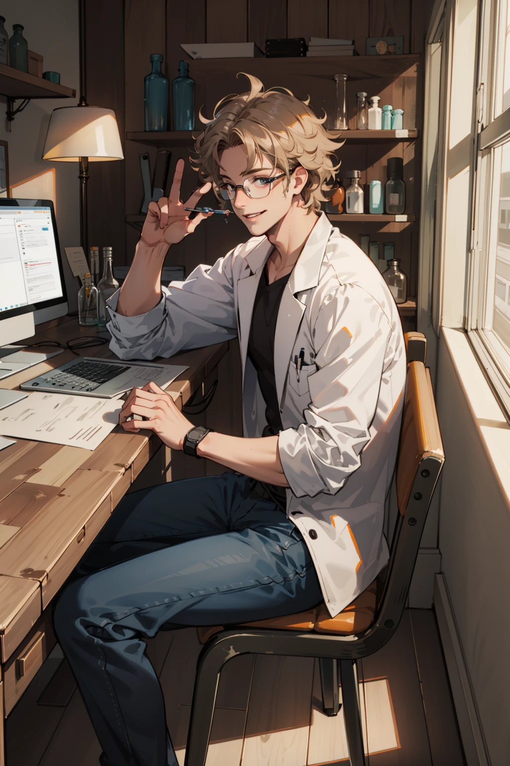 masterpiece, best quality, 1 male, adult, tall muscular, handsome, complicated laboratory, mad scientist, messy hair, forehead, glasses, wooden wall, desk full of junk, test tube, bottles, Window, sit on chair, hold test tube, evil smile, from side|from above