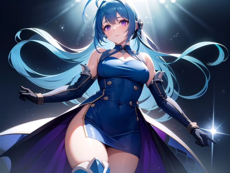 (hyper extreme detailed),(masterpeace),(hyper extreme),(photorealistic),CG,(colour:1.2), beautiful lighting,light from the front,rating:safe,solo,  <lora:helena:1>,helena,blue hair,long hair,puple eyesblue dress,thigh_boots,elbow_gloves,short dress,