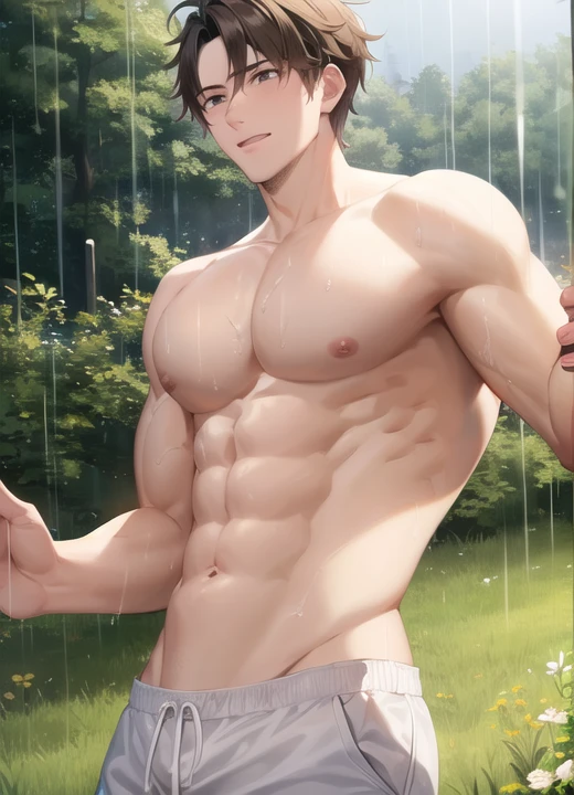 pectorals,male,forest,rain,<lora:Muscular-10:1>