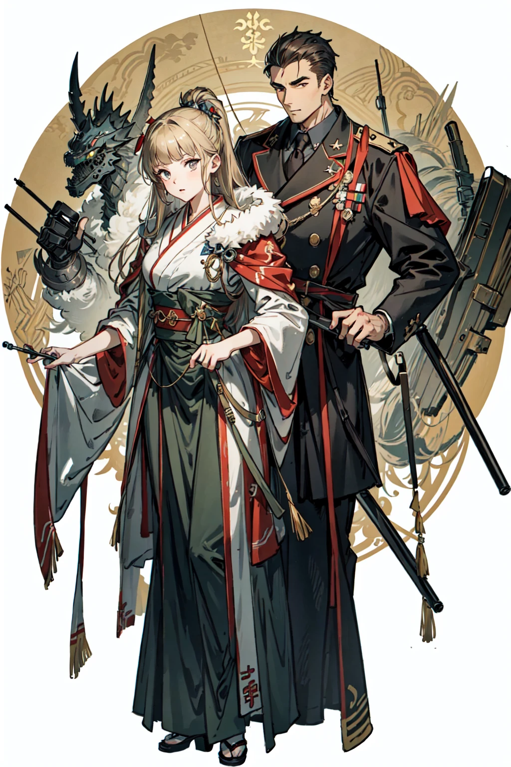 (best quality), oriental detailed background, science fiction,mechanical arms,girl with man , war, monster army,
military uniform