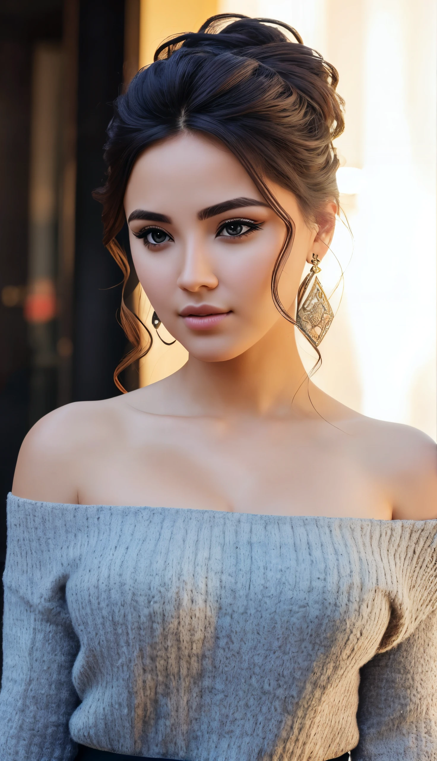 (((realistic))) canon 5d, masterpiece, highest quality, 4k, 8k, 16k, ultra high-res, raw photo in hdr, sharp focus, hyper realistic, lifelike texture, intricate face, intricate eyes, high contrast, skin imperfections, subsurface scattering, f2, depth of field, film grain, a photograph of a woman, western RPG character hair upsweep updo, sweater off-shoulders, trousers, at a movie premiere gala, dark moody ambience