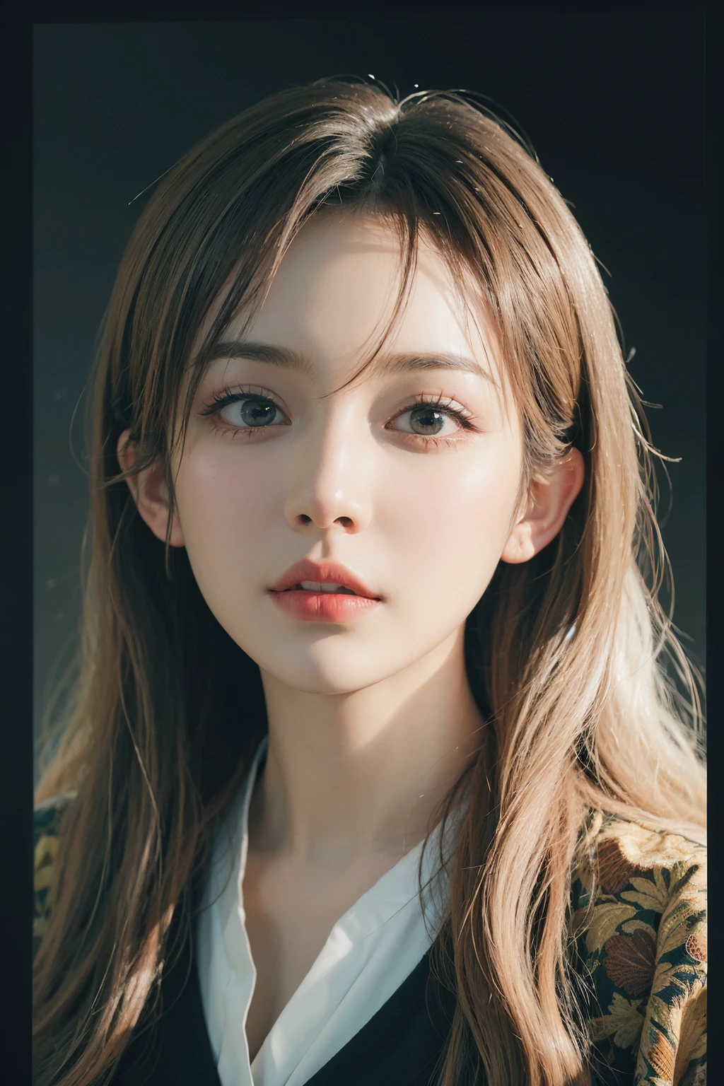 Korean woman 18 years old , with golden hair , wide eyes
