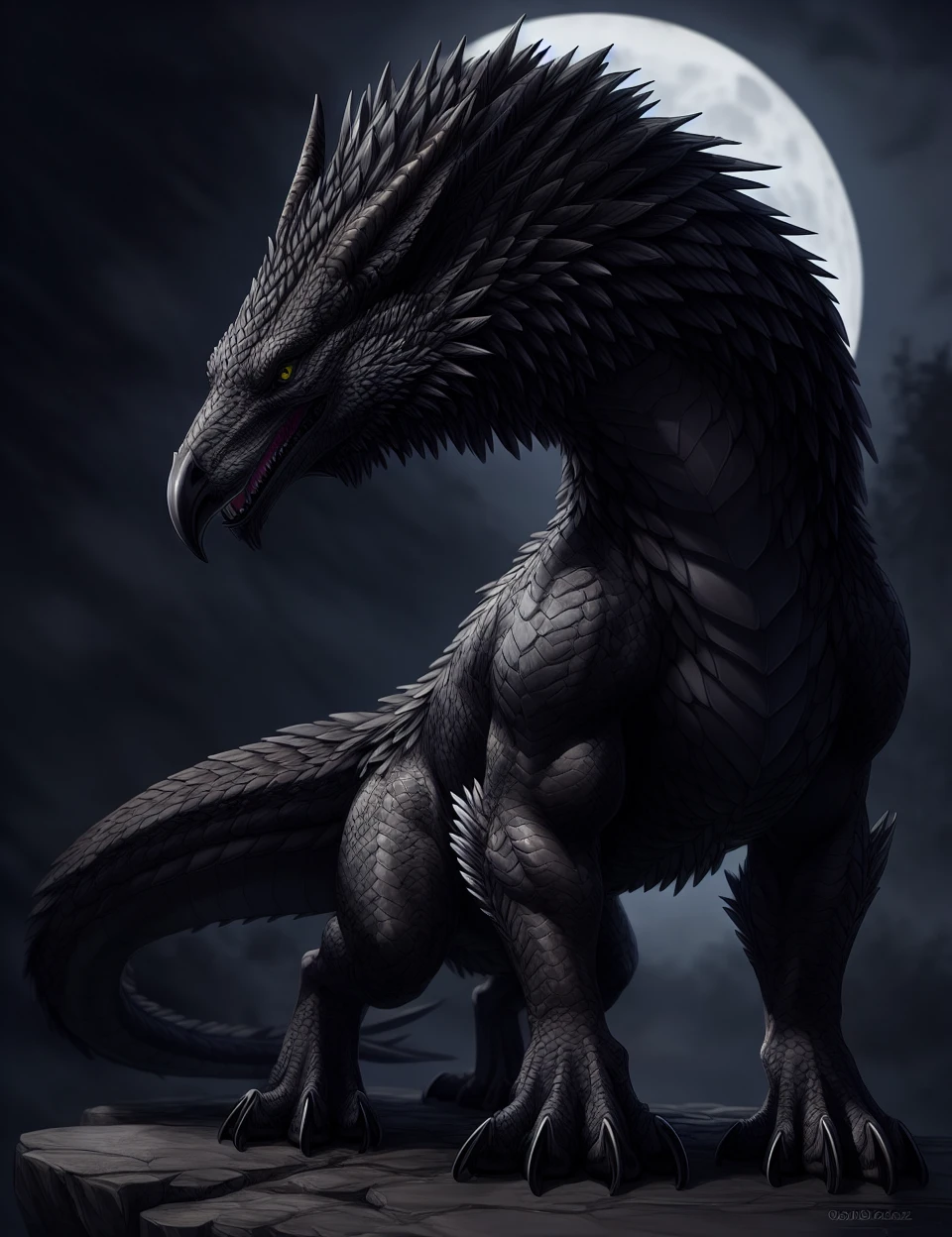 masterpiece, best quality, (feral wolf:1.1025) a hyper realistic illustration of a huge monster raven hybrid, feathers glow in the dark, fractal moonlight, fluffy fur, award - winning, masterpiece, (scales, claws, feral:1.1025), (high quality:1.1025), epic , photorealism