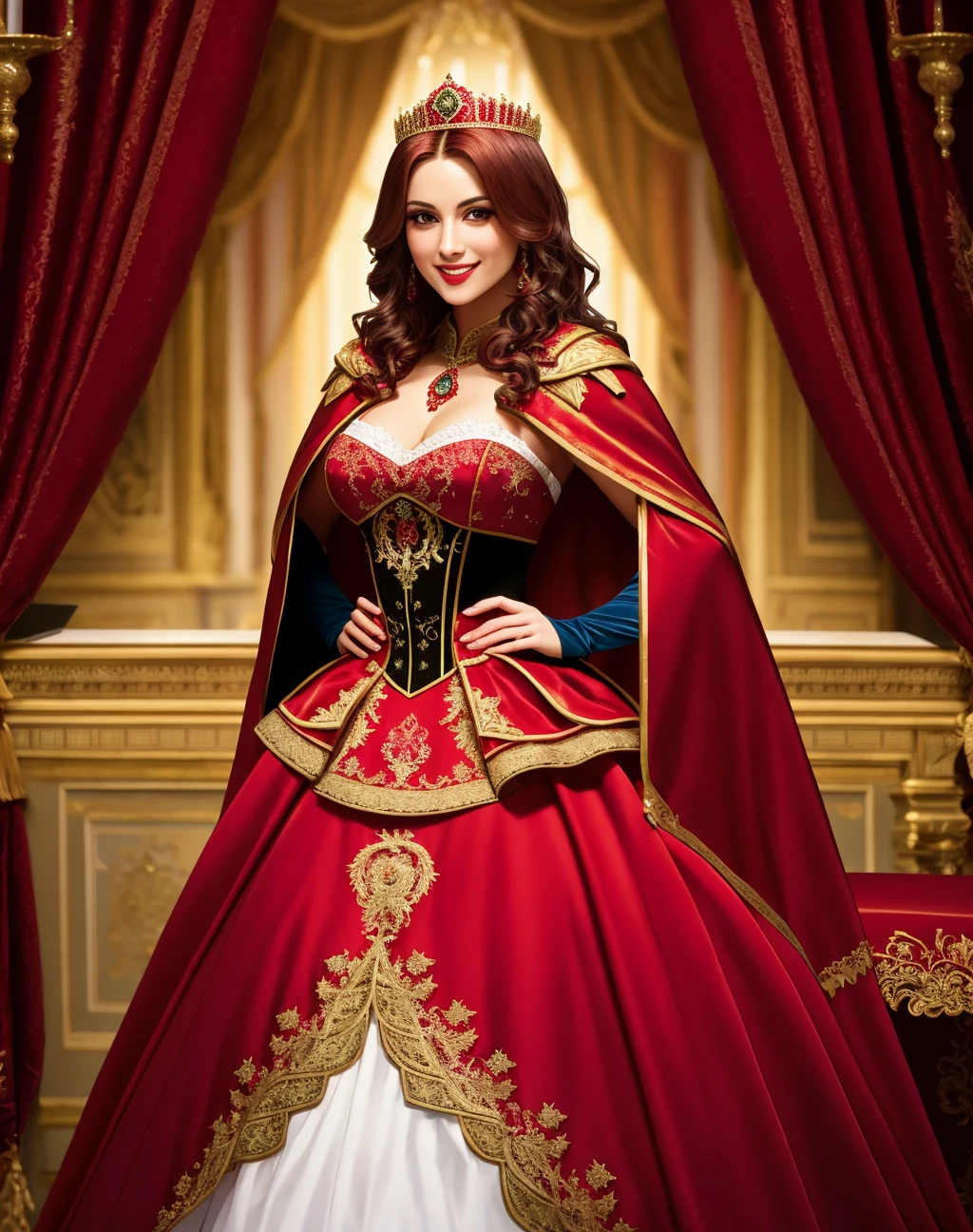 4K, Masterpiece, highres, absurdres, smiling,beautiful ballgown, RHG, a woman in a red cape and black stockings ,wearing RHG , wearing a ballgown <lora:LittleGown:0.7>