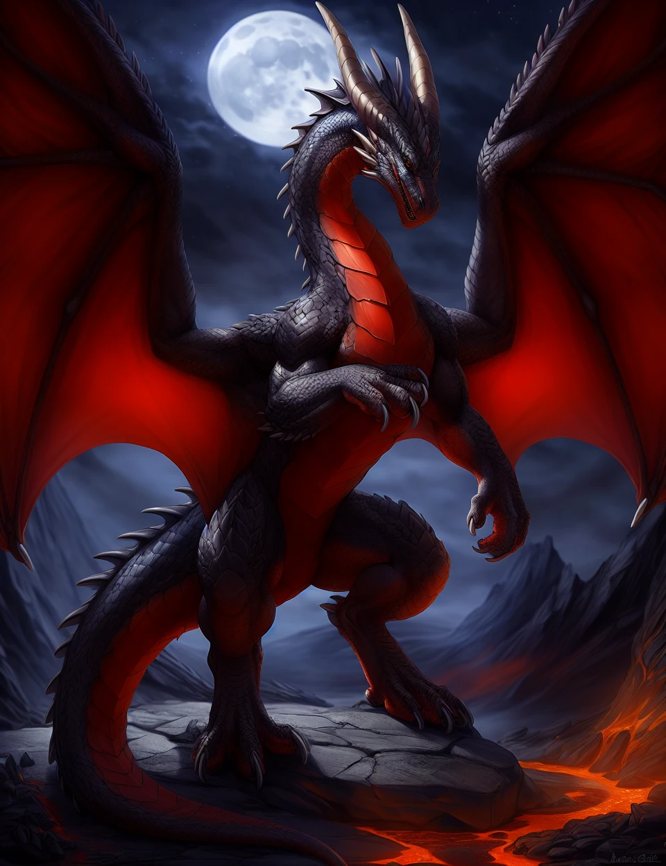 masterpiece, best quality, (feral dragon:1.1025) a hyper realistic illustration of a huge monster lava dragon, feathers glow in the dark, fractal moonlight, fluffy fur, award - winning, masterpiece, (scales, claws, feral:1.1025), (high quality:1.1025), epic , photorealism, 2 wings