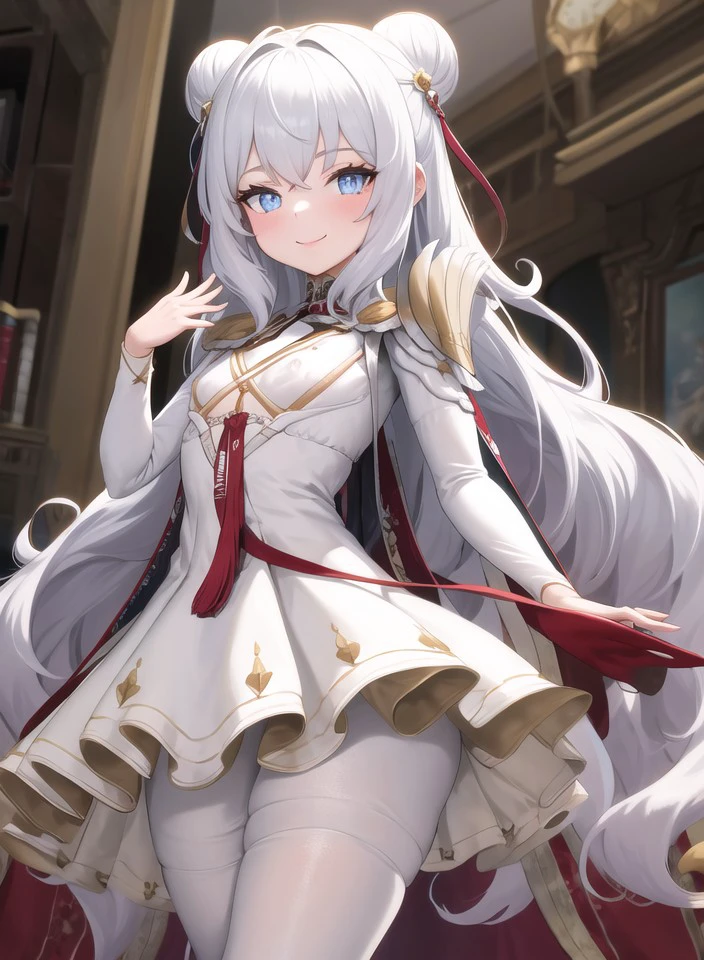 1girl,masterclass,best quality, ultra-detailed, illustration,indoors, smile,small breasts,cowboy shot, double bun, underboob cutout, white dress, white pantyhose, LeMalinDefault, pauldrons, epaulettes, pleated dress <lora:LeMalin_V7_8dim_e6:1>