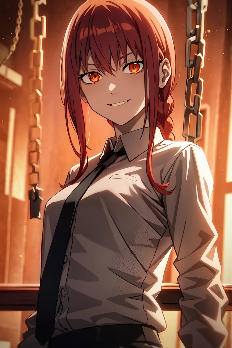 makima \(chainsaw man\), best quality, ultra detailed, 1girl, solo, standing, red hair, long braided hair, golden eyes, bangs, medium breasts, white shirt, necktie, stare, smile, (evil:1.2), looking at viewer, (interview:1.3), (dark background, chains:1.3)
<lora:MakimaTestV1:0.6> makima \(chainsaw man\)