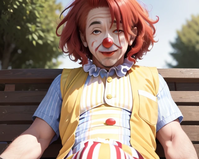 (thick mature man clown face and red afro hair:1.5), chromatic_aberration, clown, cosplay_photo, depth_of_field, figure, film_grain, photorealistic, (a  yellow vest with a red and white striped shirt:1.3), hisoka morow pose of abe takakazu, lying park bench,