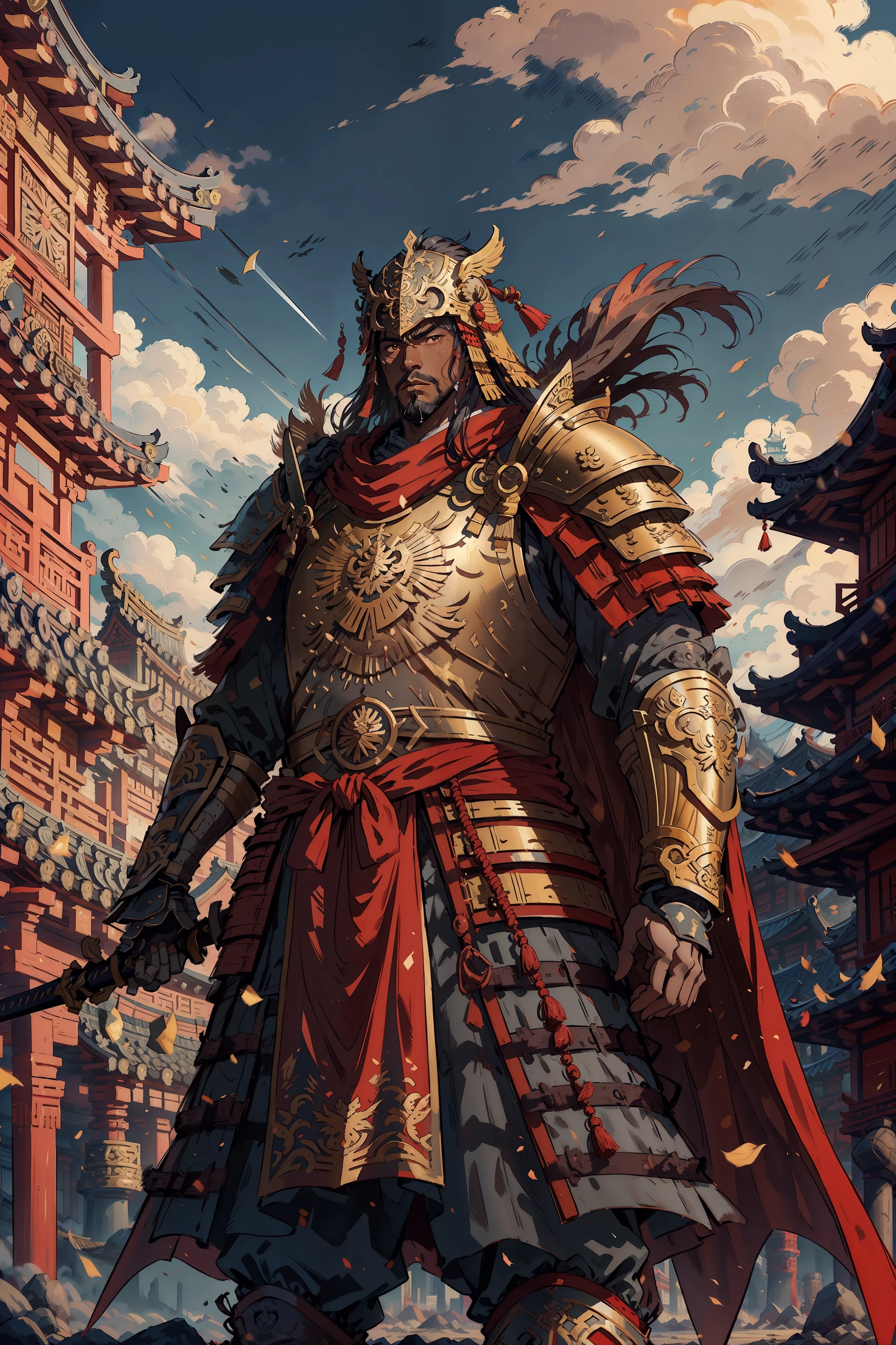 masterpiece, best quality,eaba, solo, 1boy, male focus, architecture, dark skin, holding, shoulder armor, red cape, outdoors, dark-skinned male, weapon, cape, sky, east asian architecture, day, cowboy shot, holding weapon, facial hair, standing, cloud, closed mouth, sword, vambraces, from below