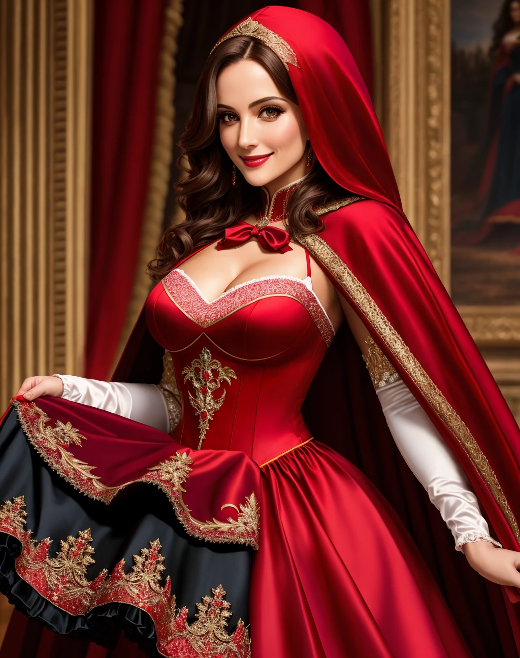 4K, Masterpiece, highres, absurdres, smiling,beautiful ballgown, RHG, a woman in a red cape and black stockings ,wearing RHG , wearing a ballgown <lora:LittleGown:0.7>