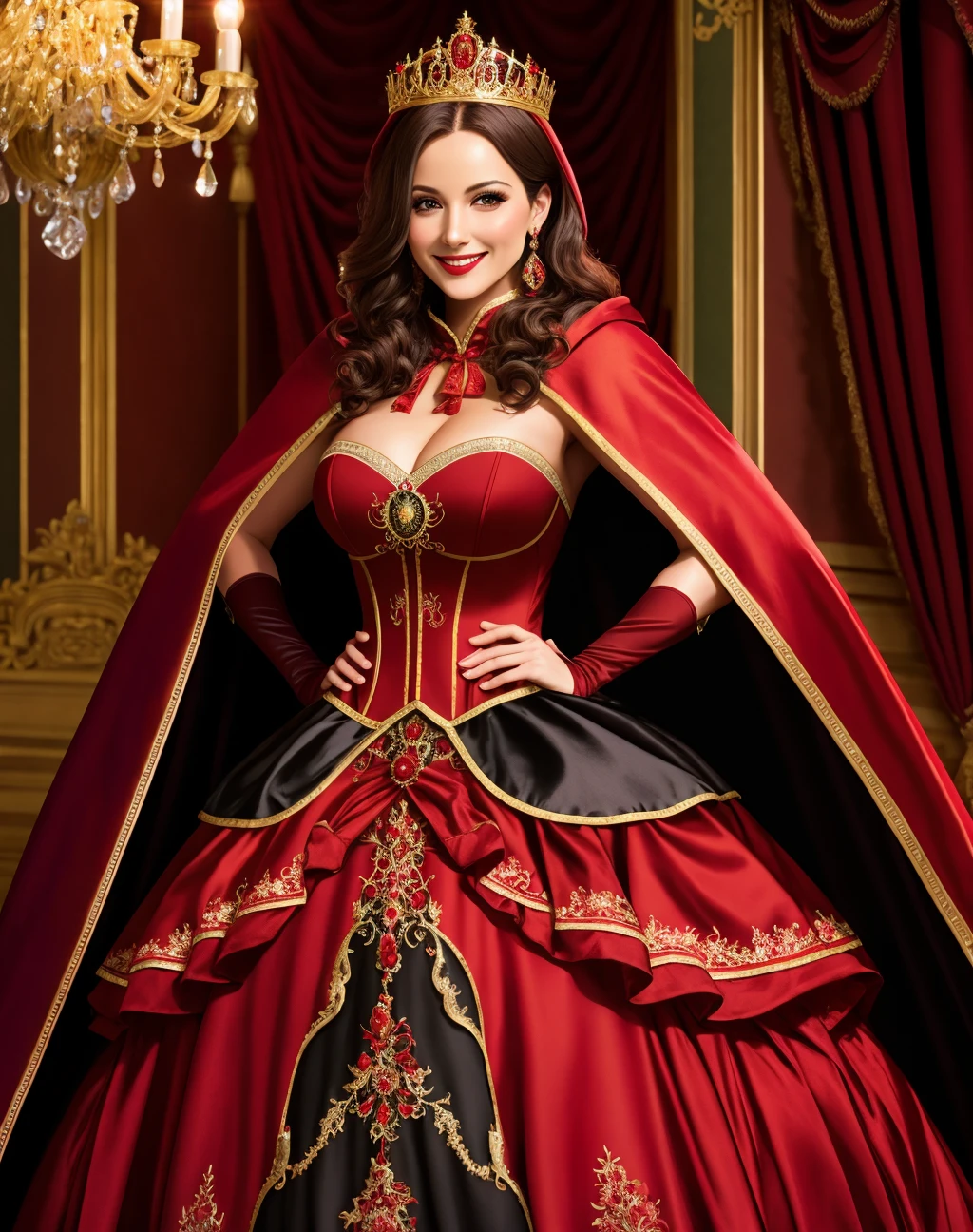 4K, Masterpiece, highres, absurdres, smiling,beautiful ballgown, RHG, a woman in a red cape and black stockings ,wearing RHG , wearing a ballgown <lora:LittleGown:0.7>