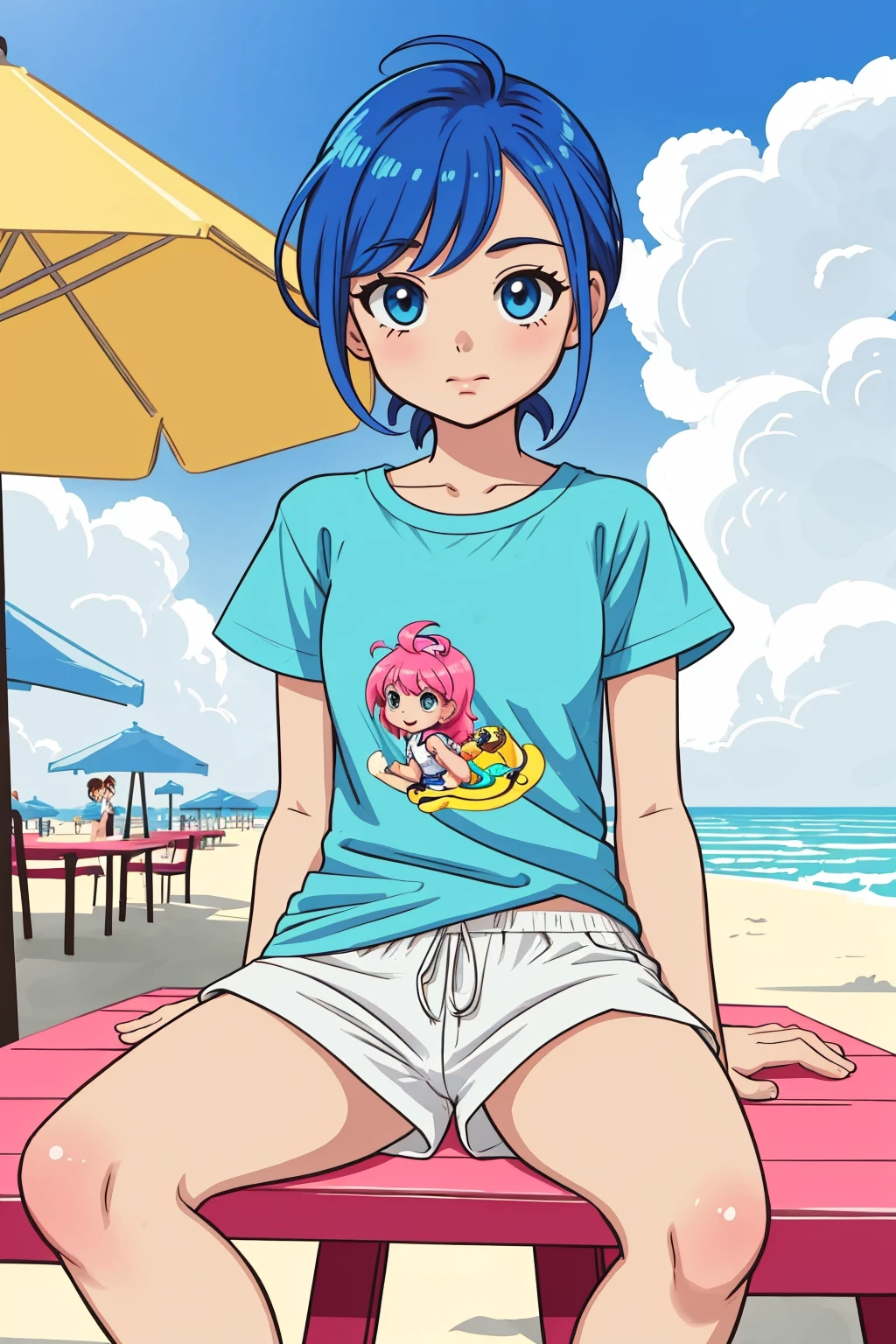 drawing of a girl child on a beach boardwalk cafe sitting at the table wearing a tshirt and pants sneakers tropical beach beautiful cloudy sky bright sunny day (masterpiece:1.2) (linework) (animation) (flat illustration:1.1) (best quality:1.2) (8k) (clean lines)
