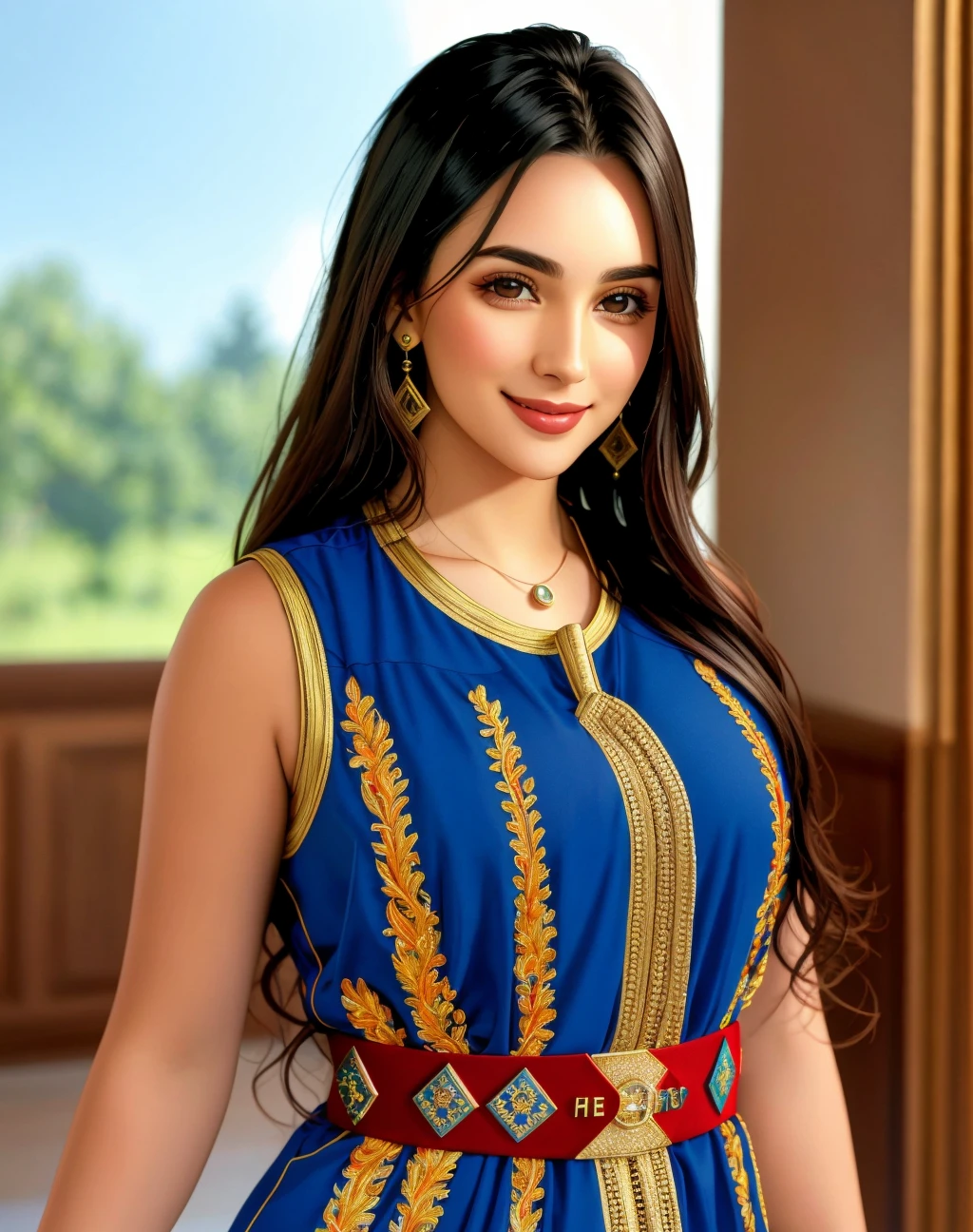 4K, Masterpiece, highres, absurdres, smiling,beautiful dark haired mod_woman, face focus , wearing a sleeveless top, portrait, perfect mod_bodyy,  <lora:mod:1>