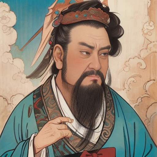 masterpiece, traditional_media, best quality, realistic, extremely detailed CG , 1 boy,hanfu, <lora:xuanxue_v1.0:0.6>, goatee,    old, long sleeves, portrait, solo, very long beard, ribbon, cloud,   sky,[dark-skinned male:0.6],