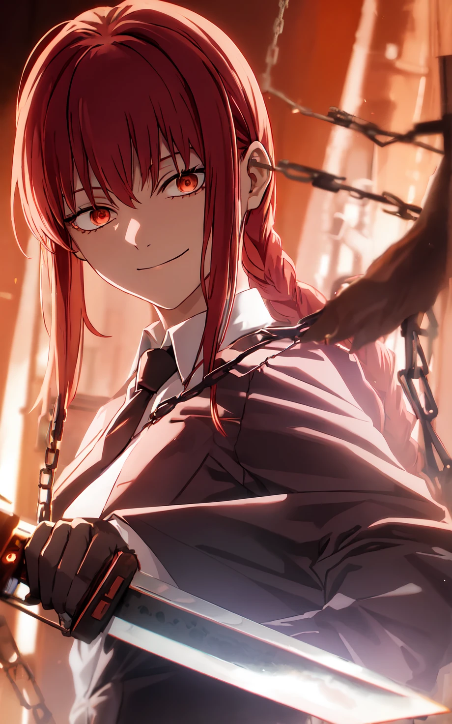 makima \(chainsaw man\), best quality, ultra detailed, 1girl, solo, standing, red hair, long braided hair, golden eyes, bangs, medium breasts, white shirt, necktie, stare, smile, (evil:1.2), looking at viewer, (interview:1.3), (dark background, chains:1.3)
<lora:MakimaTestV1:0.6> makima \(chainsaw man\)
