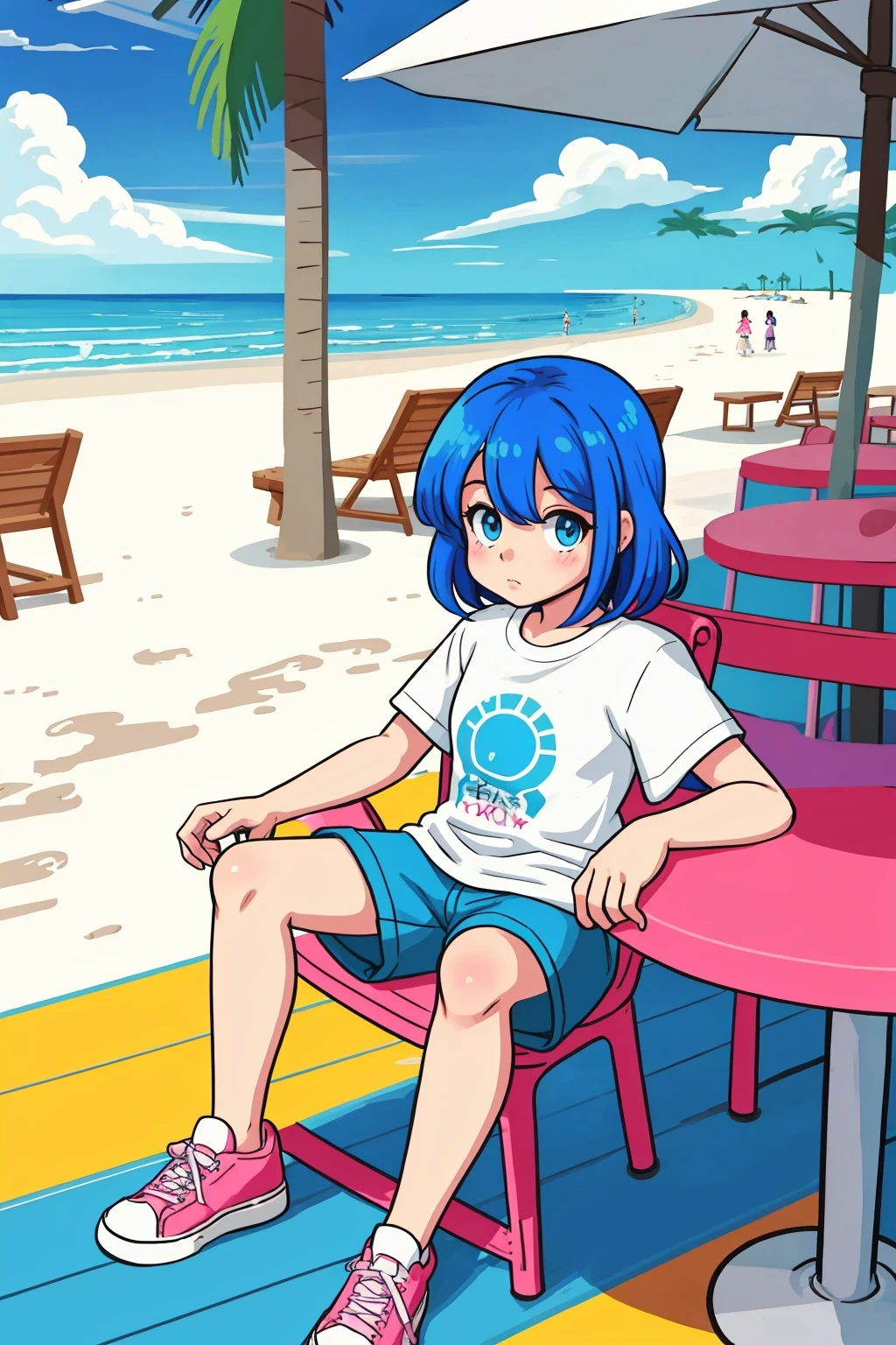 drawing of a girl child on a beach boardwalk cafe sitting at the table wearing a tshirt and pants sneakers tropical beach beautiful cloudy sky bright sunny day (masterpiece:1.2) (linework) (animation) (flat illustration:1.1) (best quality:1.2) (8k) (clean lines)
