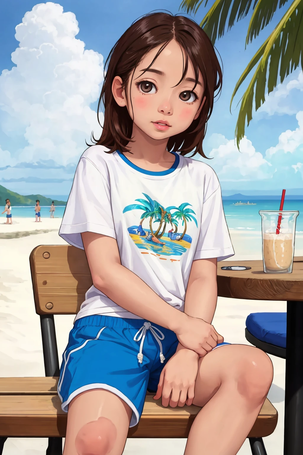 drawing of a girl child on a beach boardwalk cafe sitting at the table wearing a tshirt and pants sneakers tropical beach beautiful cloudy sky bright sunny day, (masterpiece:1.2) (photorealistic:1.2) (bokeh) (best quality) (detailed skin:1.3) (intricate details) (8k) (cinematic lighting) (sharp focus)