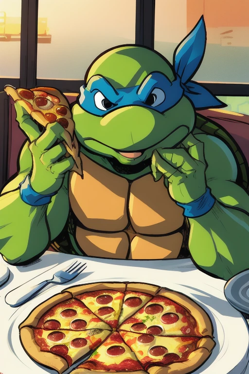 tmnt sitting at italian restaurant eating pizza, comic <lora:TMNTSaturdayMorningAdventures:0.9>