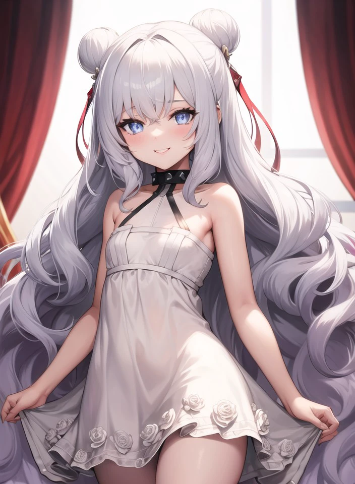 1girl,masterclass,best quality, LeMalinSundress, indoors, smile,small breasts,cowboy shot, double bun, long hair, short dress, sleeveless, sleeveless dress, sundress, white_flower, white_rose, halter dress, black camisole, white dress, le_malin_(the_knight's_true_nature)_(azur_lane),black collar, spiked collar, <lora:LeMalin_V7_8dim_e6:1>