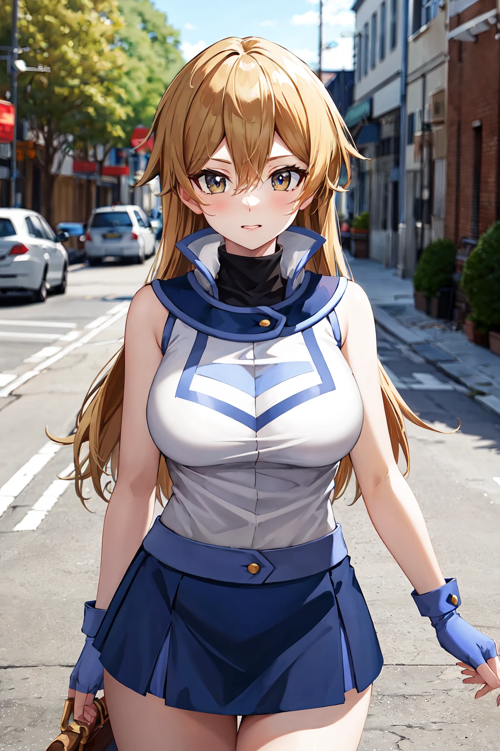 masterpiece, best quality, highres, ta1, white jacket, sleeveless, blue skirt, fingerless gloves, large breasts, <lora:tenjouin_asuka_v1:0.7>, cowboy shot, standing, street