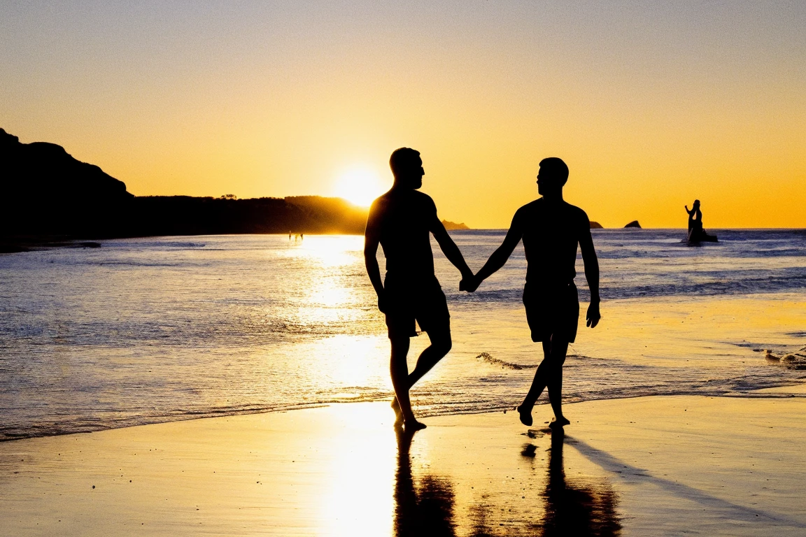 masterpiece, best quality, high quality, realistic, sfw, the silhouette of two men holding hands as they walk off into the sunset, golden hour, beach, ocean