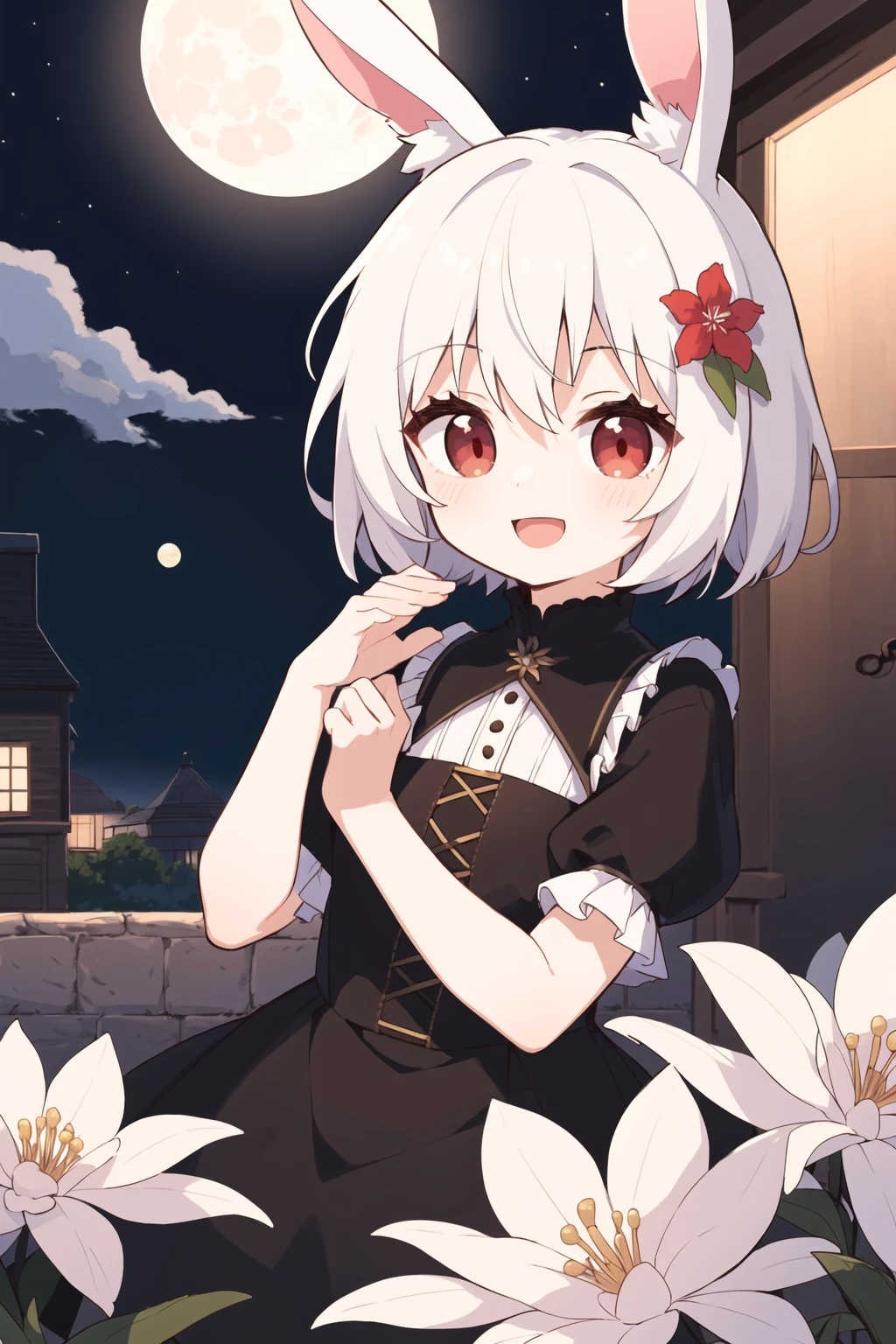 (masterpiece, best quality:1.2), illustration, absurdres, highres, extremely detailed, 1 petite girl, white short hair, rabbit ears, red eyes, eye highlights, dress, short puffy sleeves, frills, outdoors, flower, fluttering petals, upper body, (moon:1.2), night, depth of field, (:d:0.8),