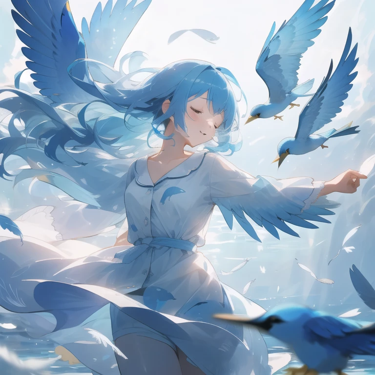<lora:SleePeace:0.65>, sleepeace, 1girl, (blue ocean, (sunshine, backlighting:1.1), floating, pajama, blue birds, feathers, wind, blue hair:1.1), dancing,, ultra_detailed:1.2