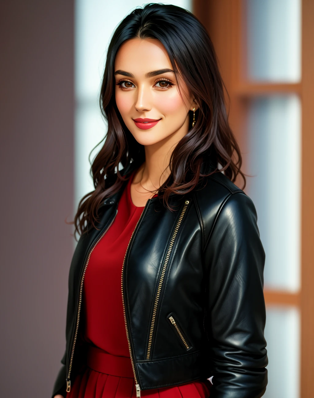 4K, Masterpiece, highres, absurdres, smiling,beautiful dark haired mod_woman, face focus , wearing a leather jacket, portrait, perfect mod_bodyy, <lora:mod:1>