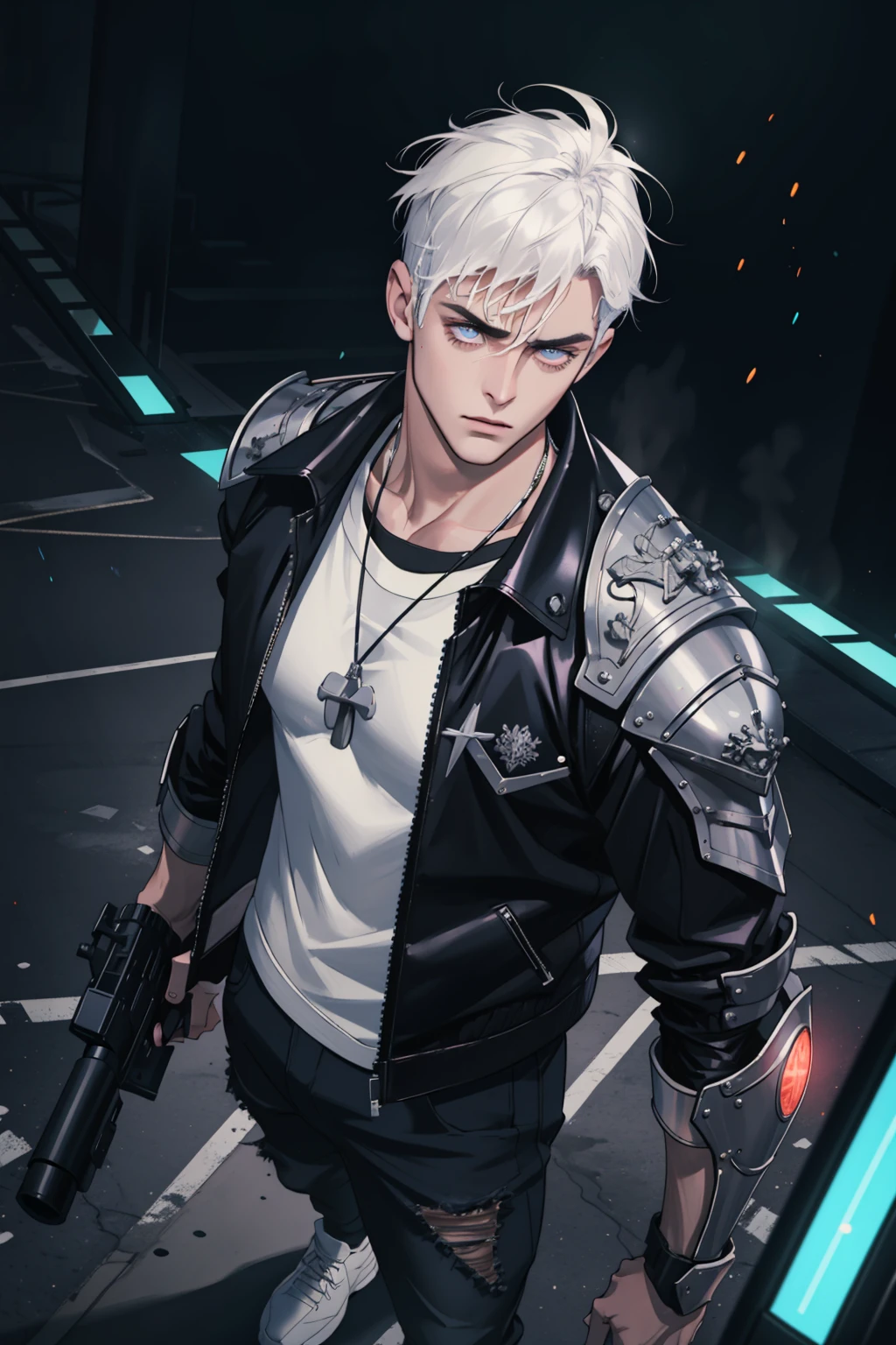 (masterpiece, best quality), 1 male, solo, adult, handsome, tall muscular guy, broad shoulders, finely detailed eyes and detailed face, extremely detailed CG unity 8k wallpaper, intricate details, intricate details, very short hair, undercut, grunge, serious expression, big arms, dark, old leather jacket, white t-shirt, medieval dark leg armor pants, neon motion stream, glowing lights, Grenade Launcher weapon, bright white energy streams of lights, rim lighting, sf, Apocalypse, from above