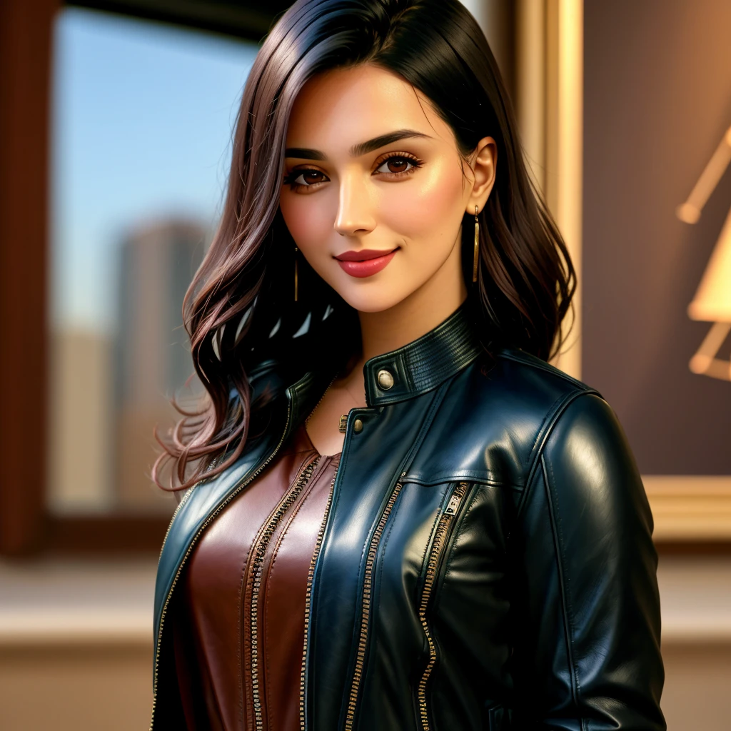 4K, Masterpiece, highres, absurdres, smiling,beautiful dark haired mod_woman, face focus , wearing a leather jacket, portrait, perfect mod_bodyy, <lora:mod:1>