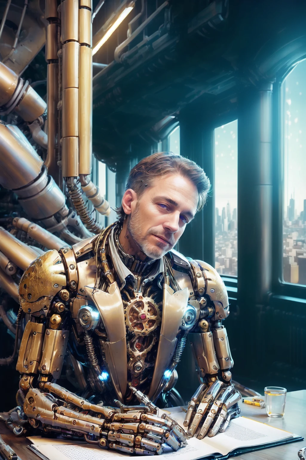 <lora:reelmech:1> (mechanical parts:1.5),CEO portrait stock photo middle-aged man in luxurious office sitting at desk overlooking city (masterpiece:1.2) (photorealistic:1.2) (bokeh) (best quality) (detailed skin) (intricate) (8k) (HDR) (cinematic lighting) (sharp focus) (Clutter-Home:1.2)