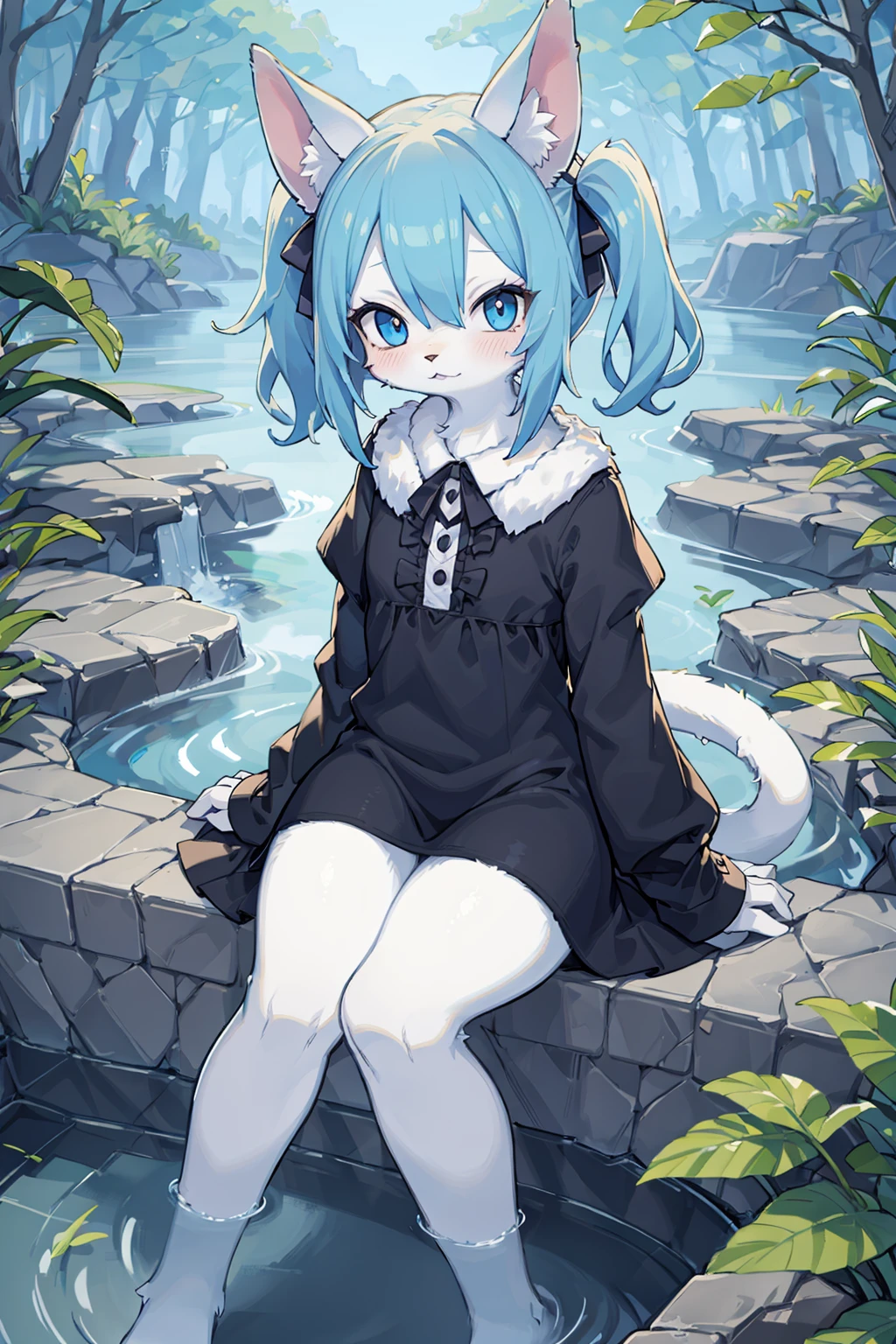 ((masterpiece, best quality)),furry, animal ears,  tail, bodyfur, 
(ultra-detailed), (illustration), (ultra highres), (delicate illustration), (hyper detailed),1girl, blue_dress, blue_eyes, blue_hair, blush, dress, long_sleeves, outdoors, pond, short_hair, sitting, soaking_feet, solo, twintails, two_side_up, water