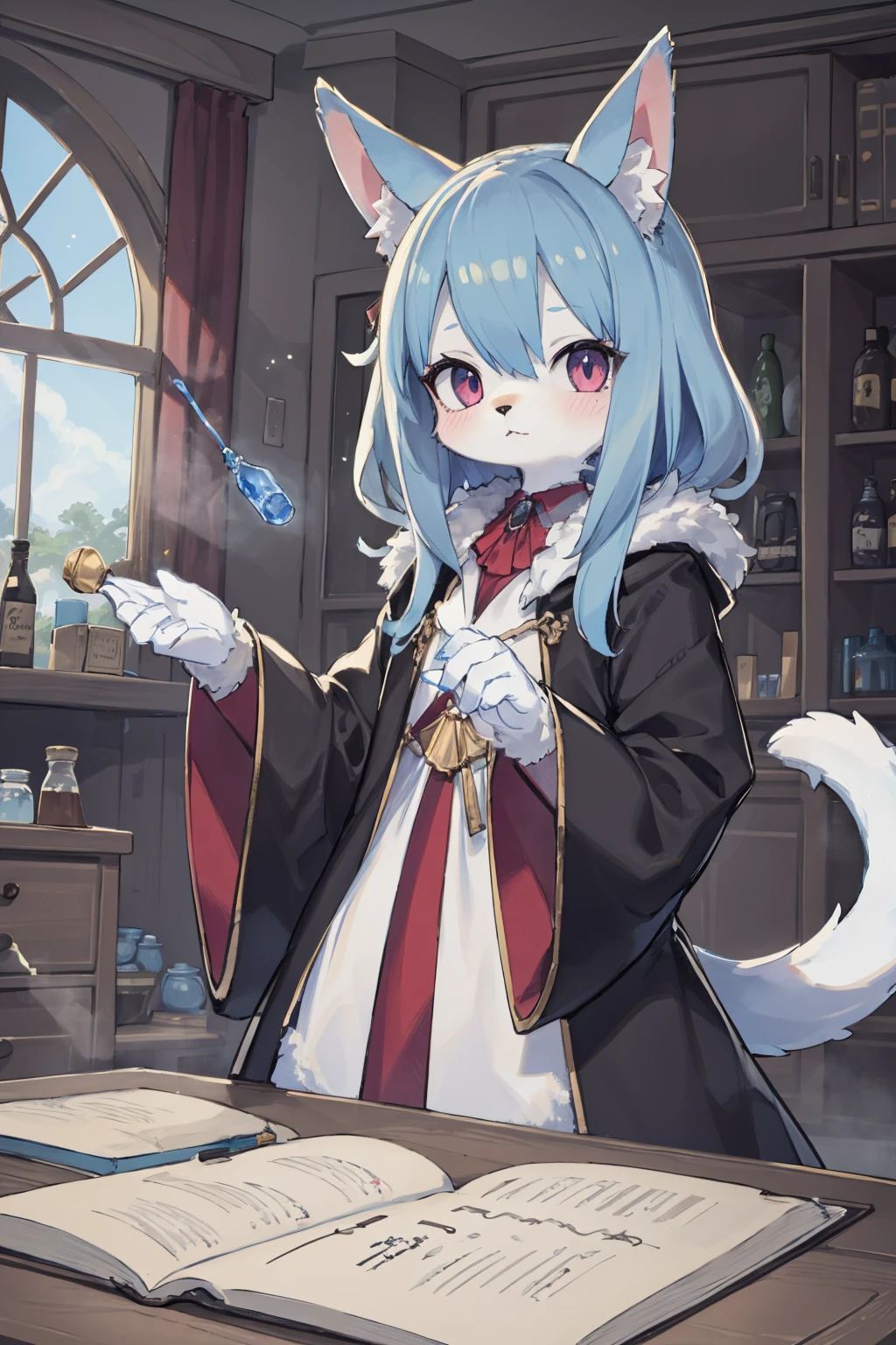 ((masterpiece, best quality)),furry, animal ears, tail, bodyfur,
1girl, spellcasting, magical creatures, potion-making, enchanted objects, magical history, rival schools, robe