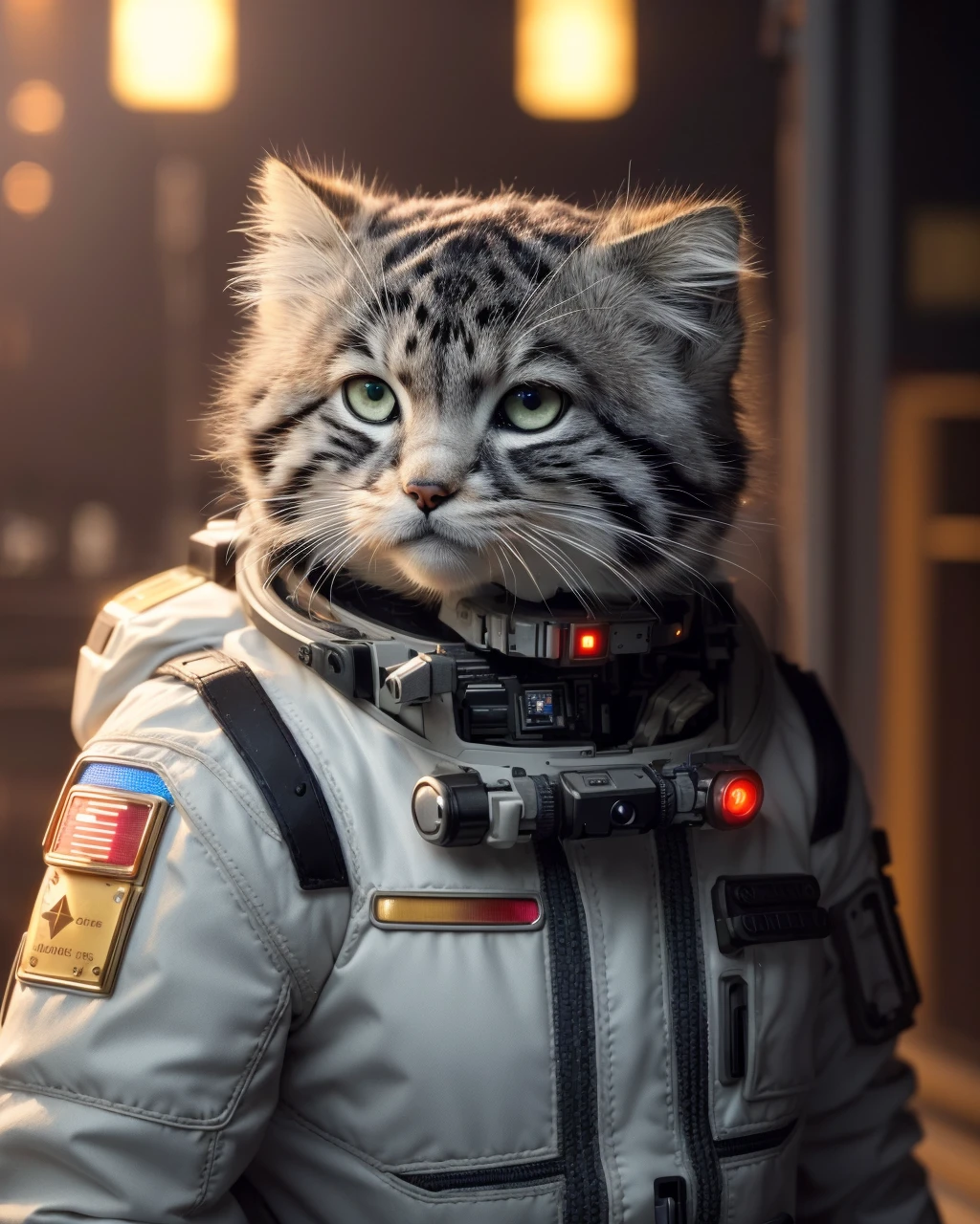 character design, <lora:TUSUNv2-000016:0.65>, (cyberpunk tusun kitten wearing astronaut suit), sci-fic, (realistic eye color and details), fluffy, big head, science fiction, communist ideology, Cyborg, fantasy, intense angle, soft lighting, (photograph, 4k, hyper detailed, portrait wallpaper, realistic, photo-realistic), DSLR, 24 Megapixels, Full Frame, vibrant details, octane render, finely detail, best quality, incredibly absurdres, robotic parts, rim light, vibrant details, luxurious cyberpunk, hyperrealistic, cable electric wires, microchip, full body
