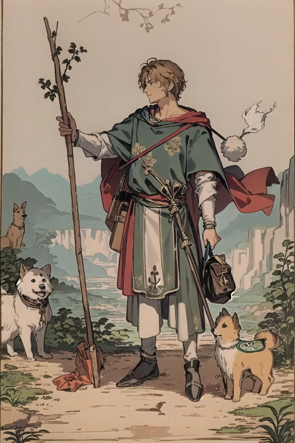 <lora:Tarotv0.2:0.8>, tarot card, the fool, man, bindle, stick and bag, cliff, dog